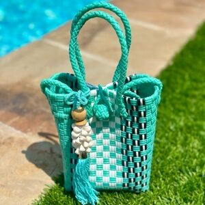 Chic Turquoise and White Woven Crossbody Bag